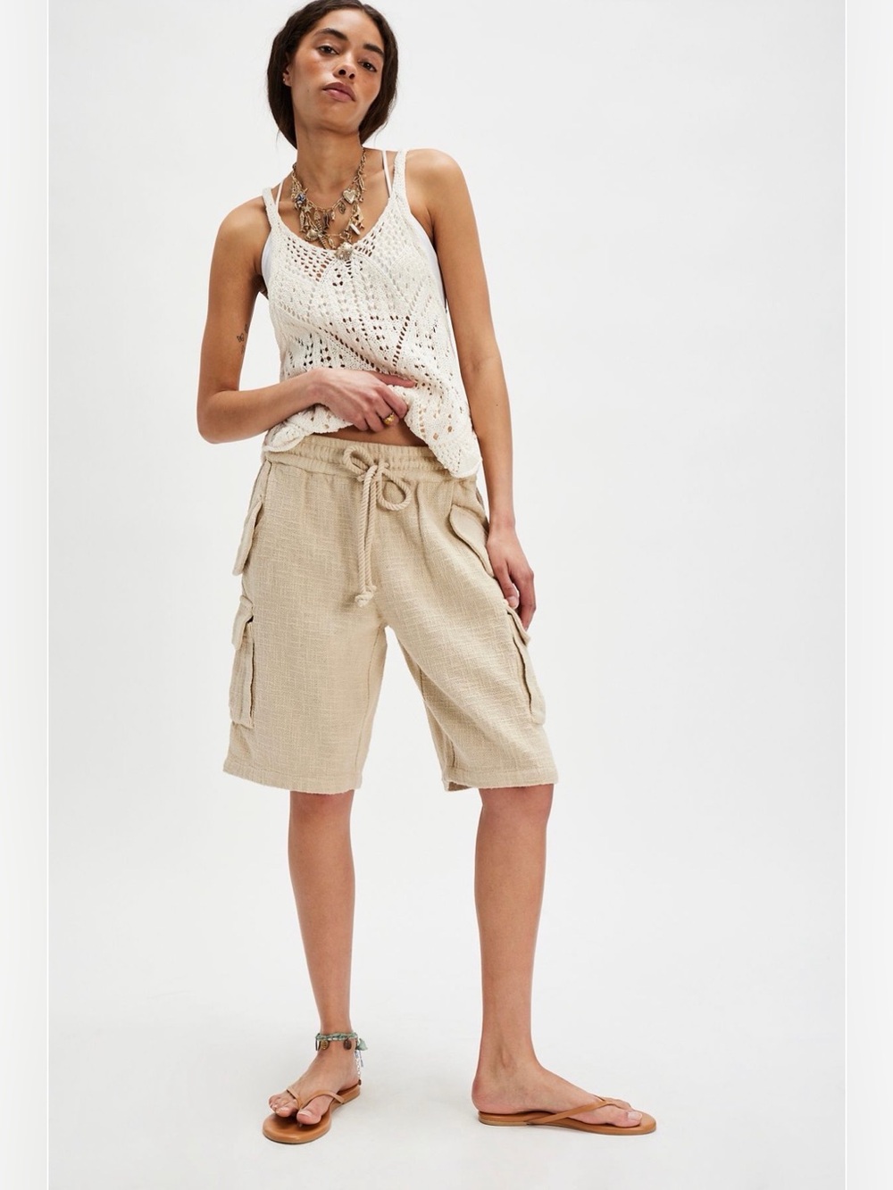 NWT Free People Sea La Vie Cargo Shorts Bleached Sand XL